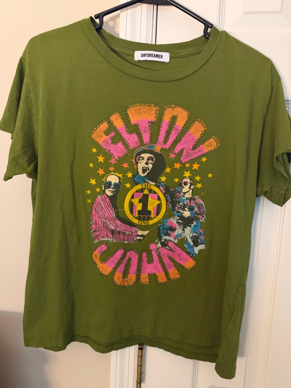 Daydreamer Olive Graphic Elton John Tee with Pink & Yellow Accents